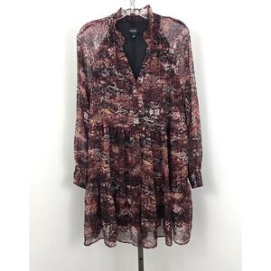 MSK Ruffle V-Neckline Long Sleeve Sheer Lined Knee Length Dress Brown Black L